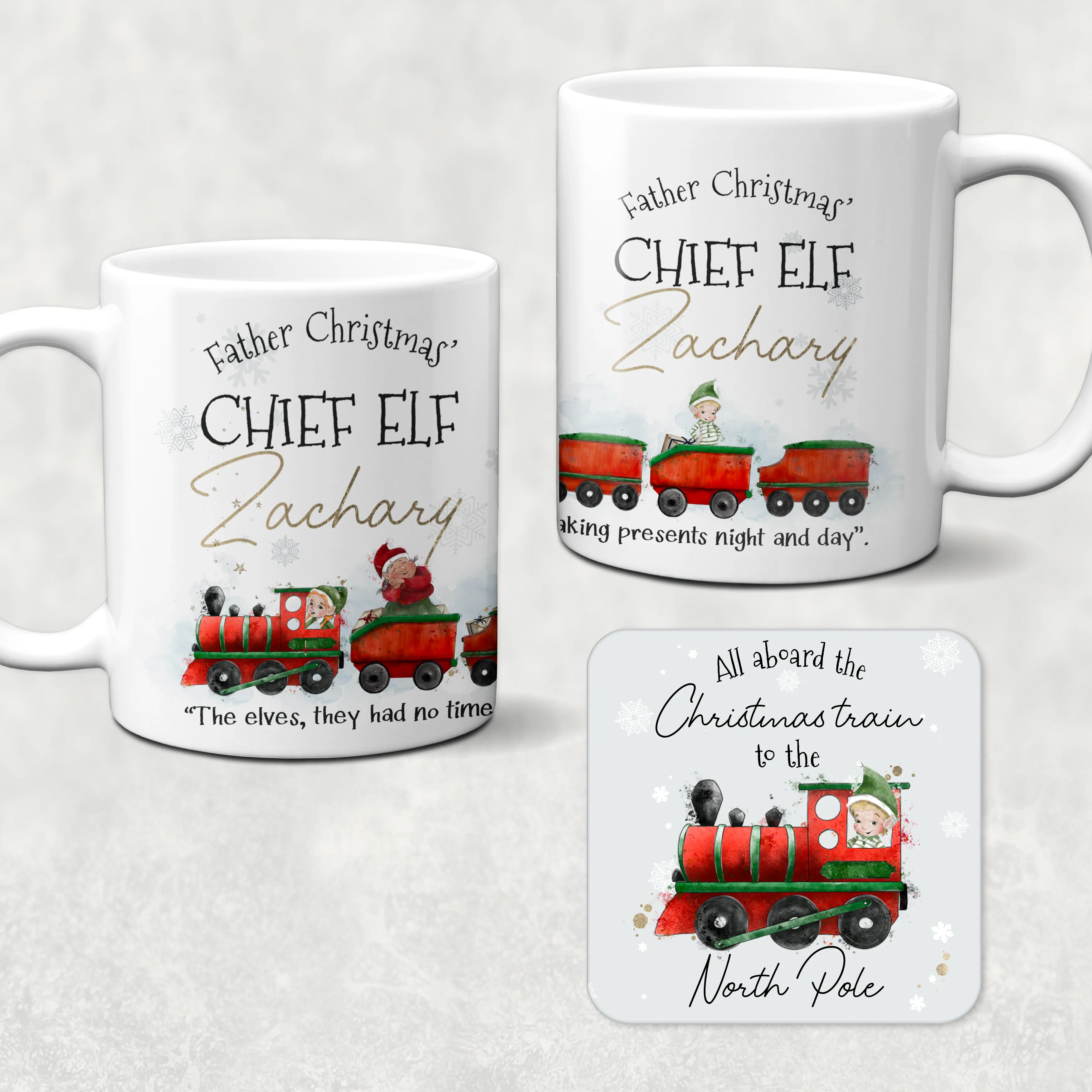 Father Christmas' Chief Elf Christmas Train Personalised Christmas Eve Mug and Coaster Set