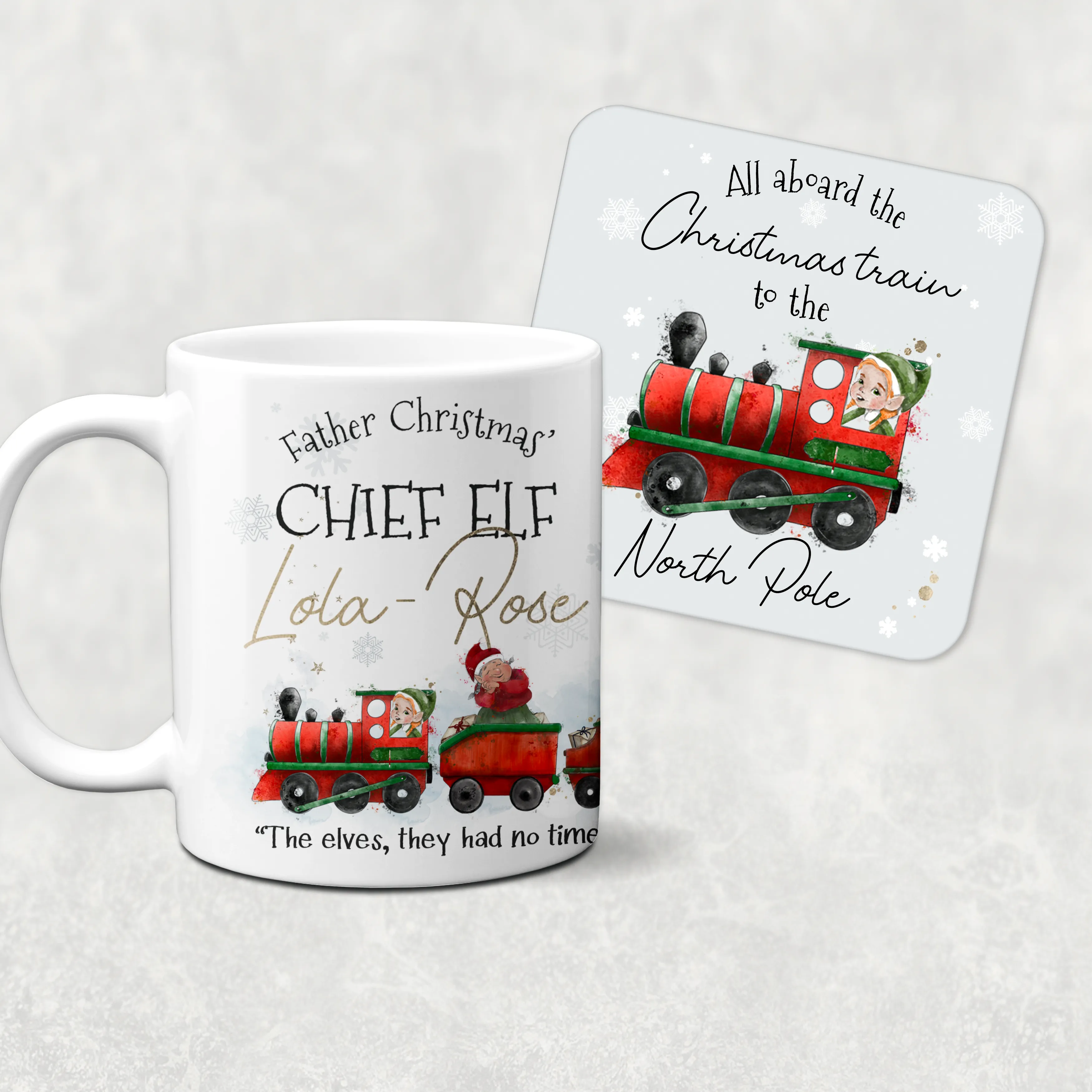 Father Christmas' Chief Elf Christmas Train Personalised Christmas Eve Mug and Coaster Set