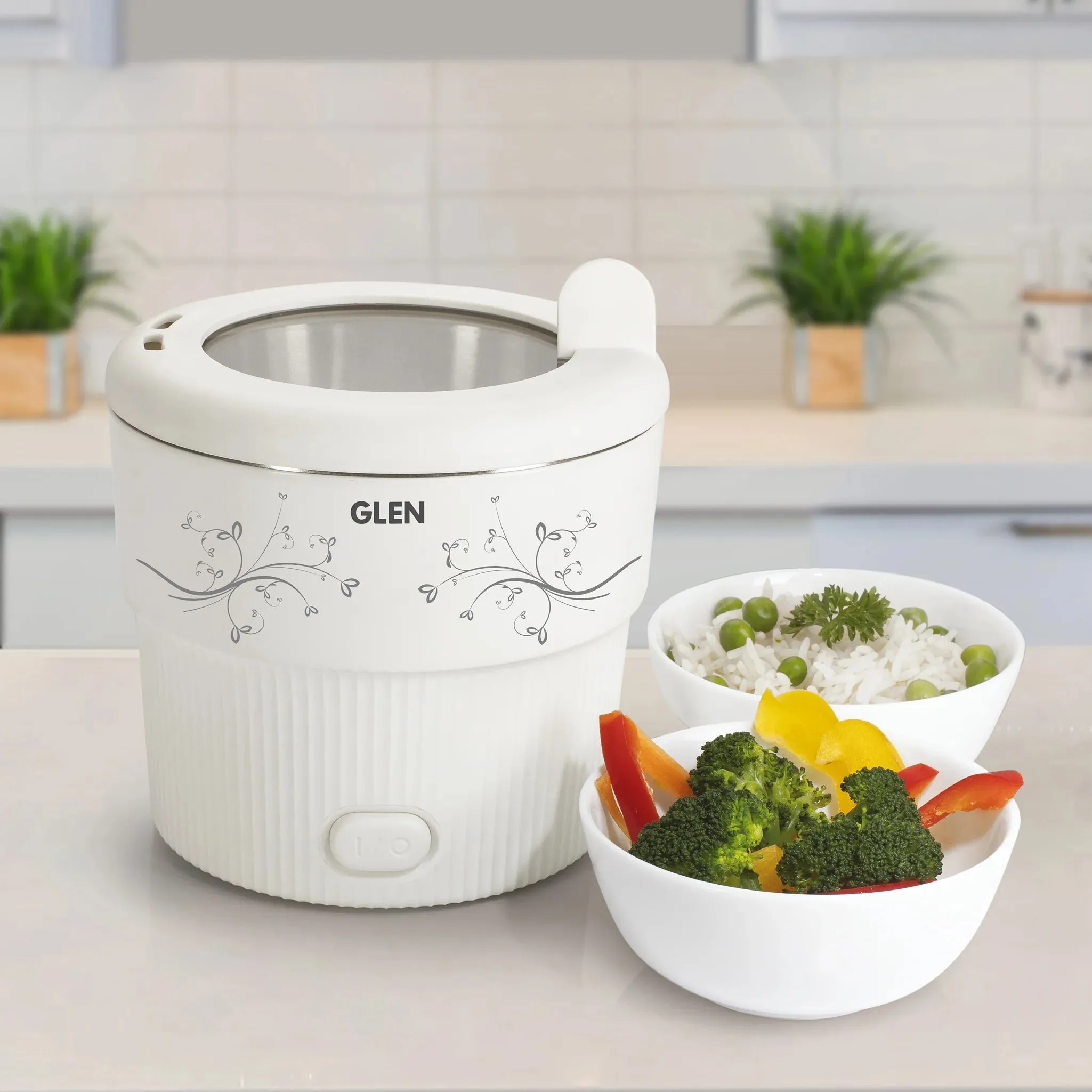 Glen Electric Mini Cooker, 0.8 Litre Steam, Cook & Boil 500W- White  (3054)