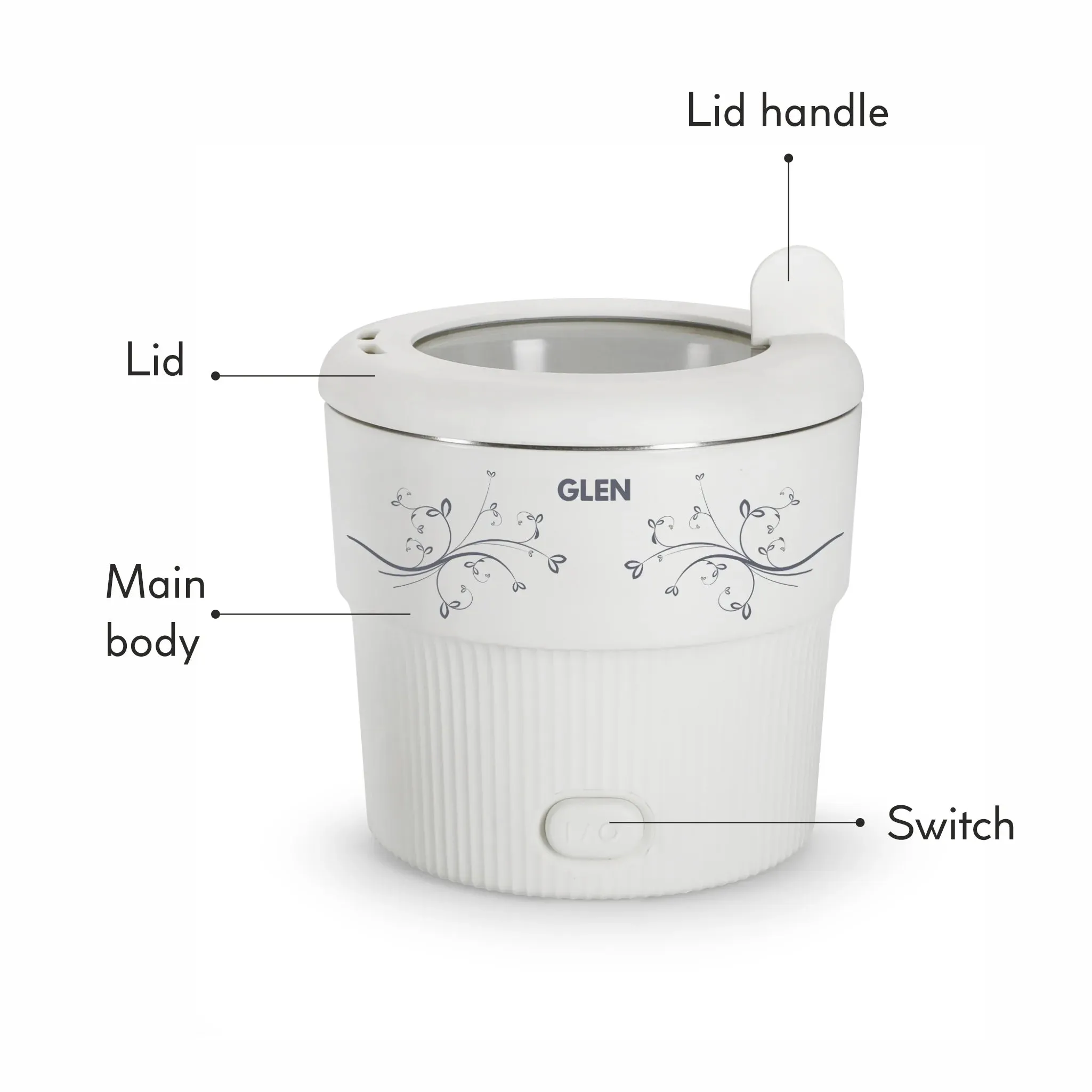 Glen Electric Mini Cooker, 0.8 Litre Steam, Cook & Boil 500W- White  (3054)