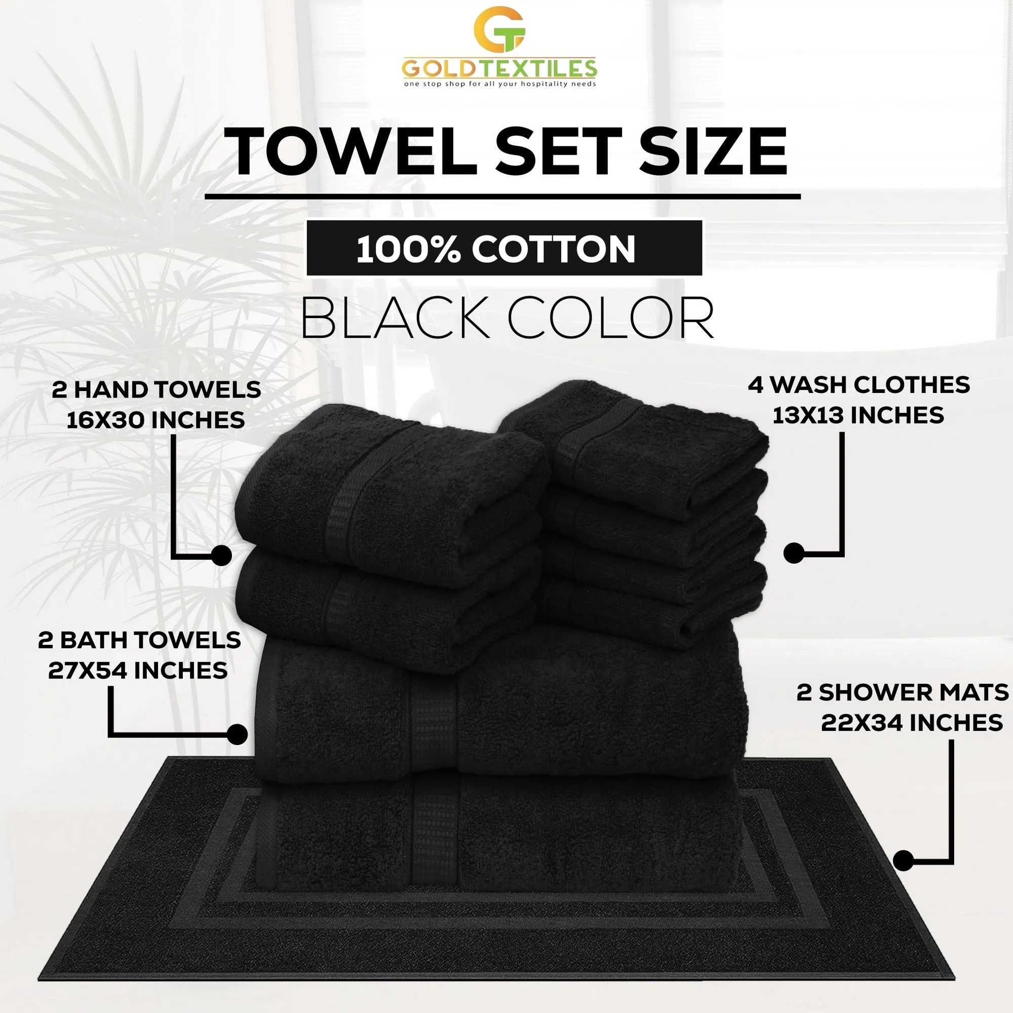 GOLD TEXTILES Luxury 10 Piece Towel Set, (Bath Towel 27x54, Hand Towel 16x30, Washcloth 13x13, Bath Mat 22x34) Ultra-Plush Absorbent Cotton Towels for Bathroom (Black, 10 Piece Towel Set)