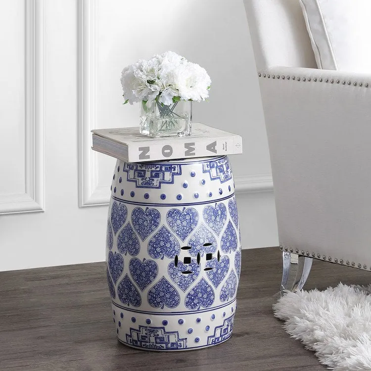 Happy Hearts Ceramic Garden Stool - Blue and White