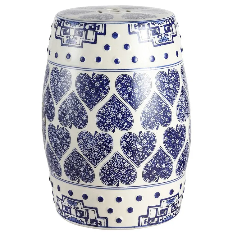 Happy Hearts Ceramic Garden Stool - Blue and White