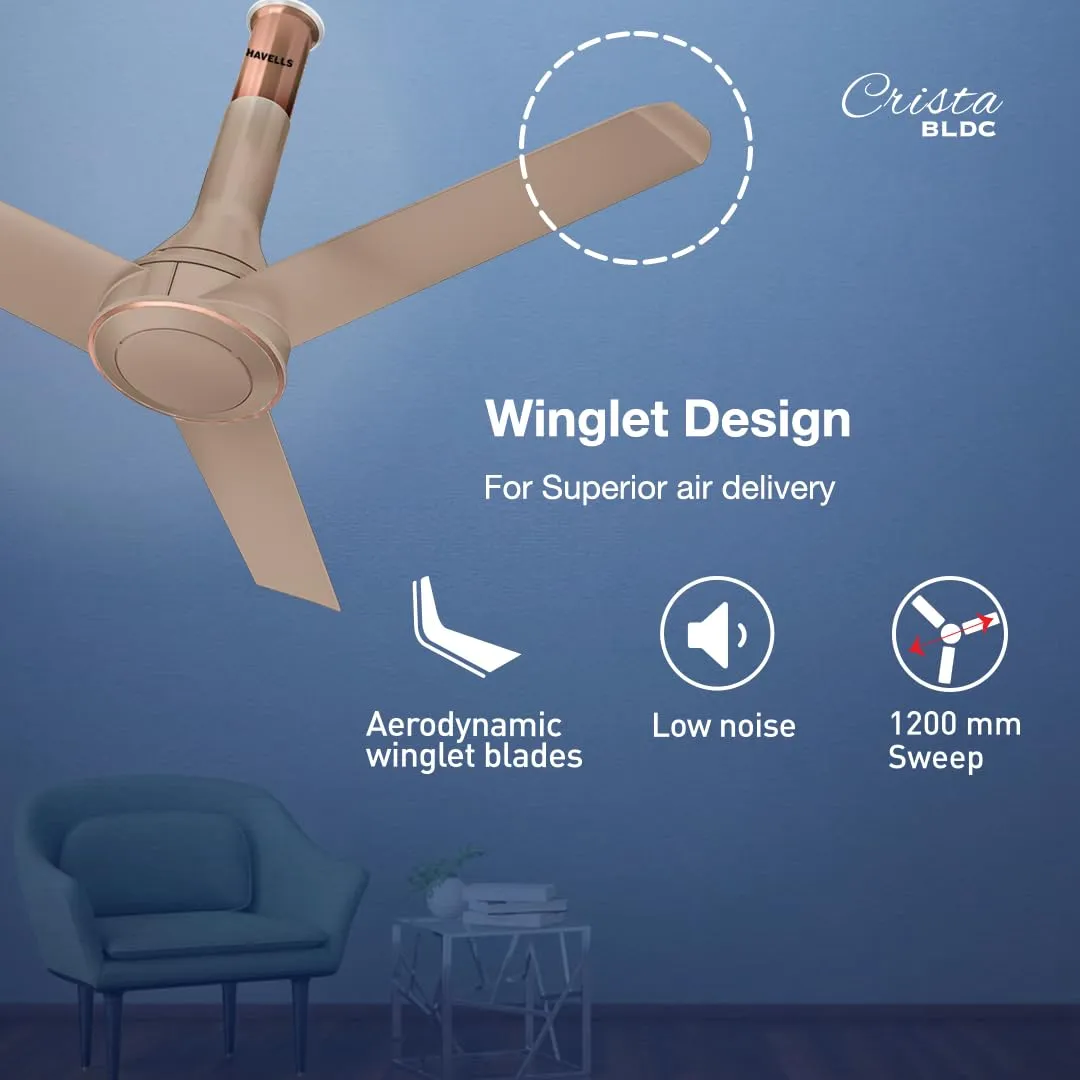 Havells Crista Bldc 1200Mm Premium Ceiling Fan With 100% Pure Copper|5 stars|Watt: 40|Air Flow: 255 Cmm|Speed: 300 Rpm|55 Db|(Champagne Cola)