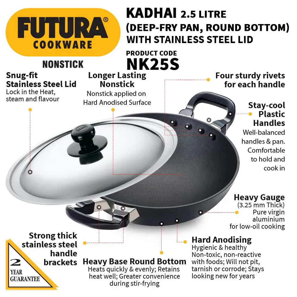 Hawkins Futura Nonstick Kadhai 2.5 L, 26 cm, 3.25 mm with SS lid (Black)