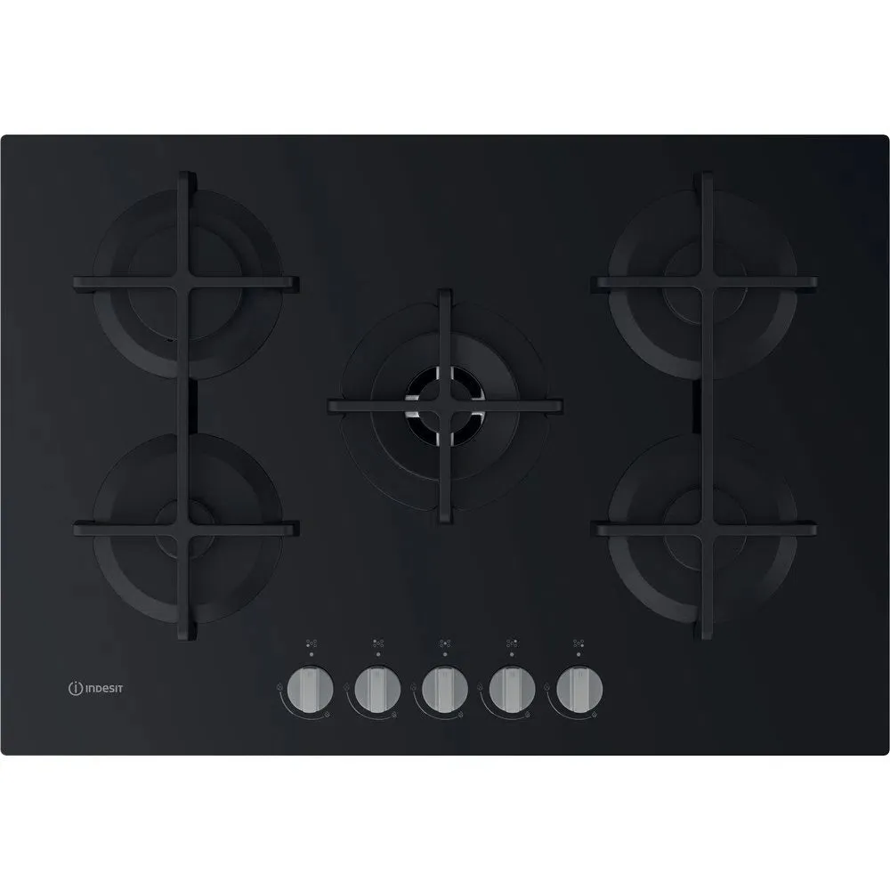 Indesit ING72TBK 73.0cm Wide Gas Hob, 5 Gas Burners, With Cast Iron Pan Supports - Black