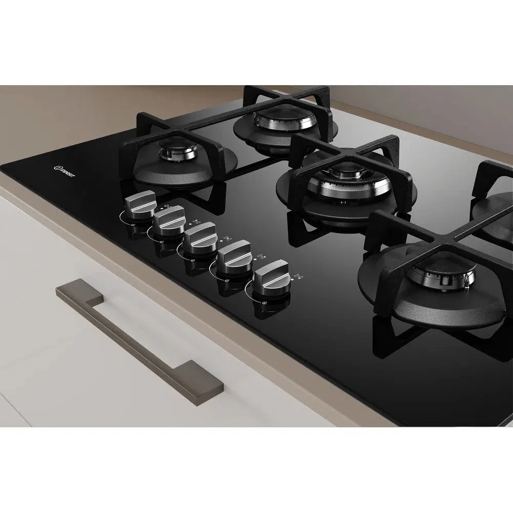 Indesit ING72TBK 73.0cm Wide Gas Hob, 5 Gas Burners, With Cast Iron Pan Supports - Black