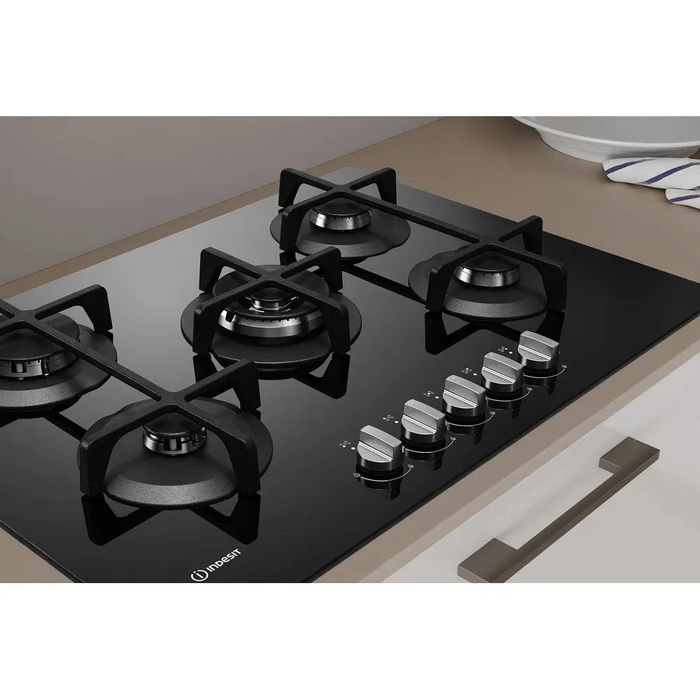 Indesit ING72TBK 73.0cm Wide Gas Hob, 5 Gas Burners, With Cast Iron Pan Supports - Black