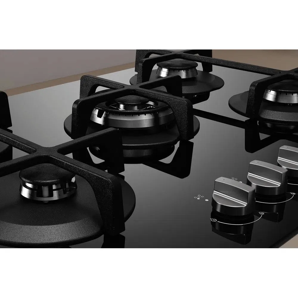 Indesit ING72TBK 73.0cm Wide Gas Hob, 5 Gas Burners, With Cast Iron Pan Supports - Black