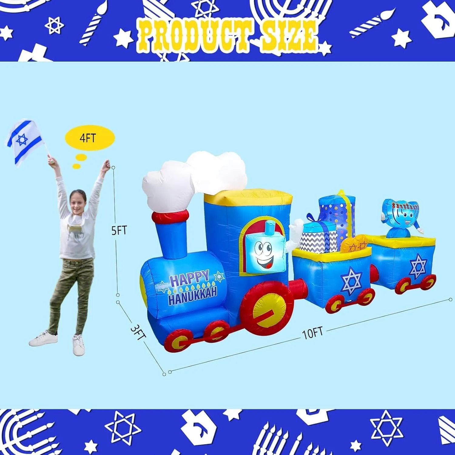 Inflatable Train Menorah Decoration Built-in Led Lights 10 Foot Long