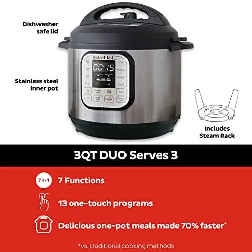 Instant Pot Duo Mini 7-in-1 Electric Pressure Cooker, Slow Cooker, Rice Cooker, Steamer, Saute, Yogurt Maker, Sterilizer, and Warmer, 3 Quart, 14 One-Touch Programs