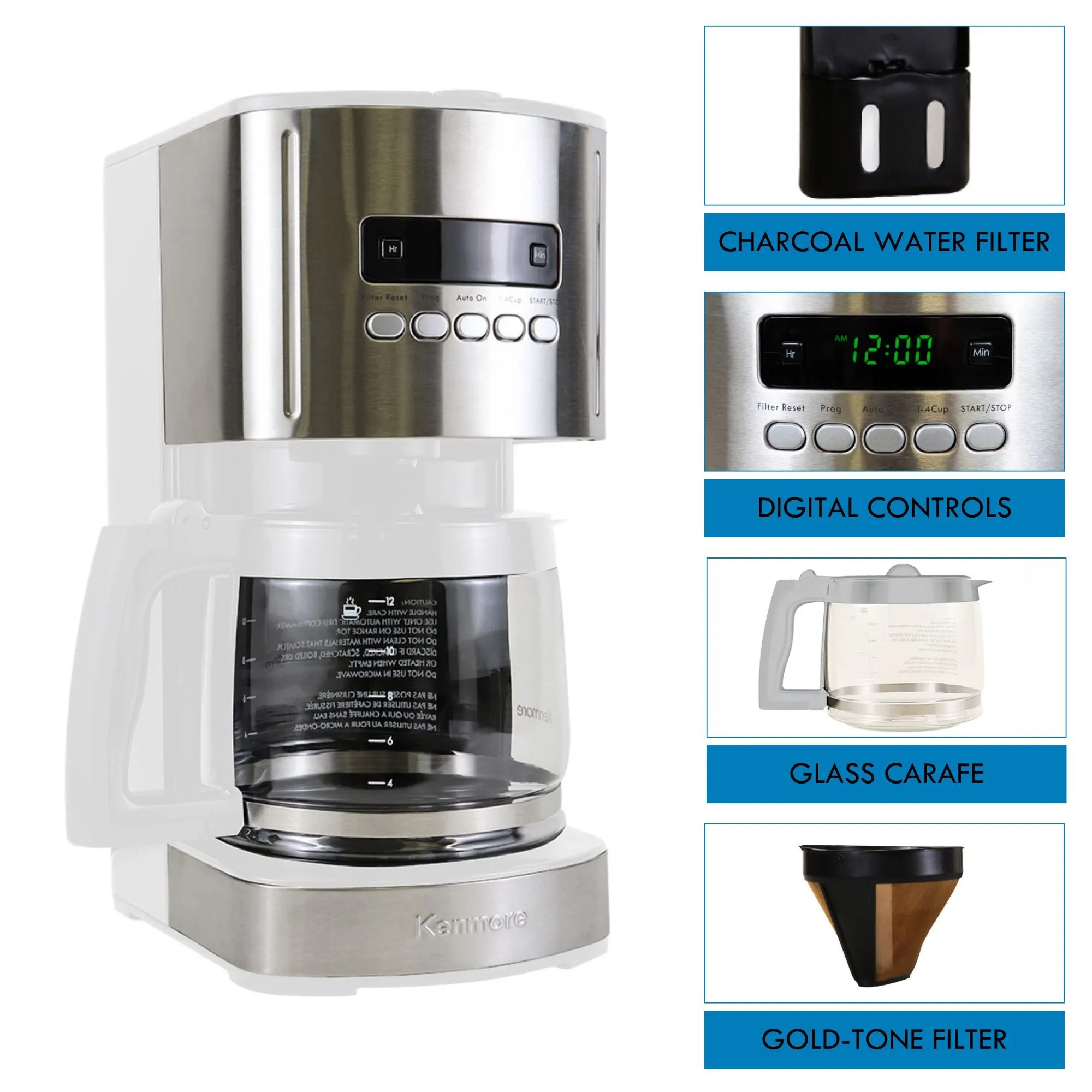 Kenmore Aroma Control 12-Cup Programmable Coffee Maker, White and Stainless Steel Drip Coffee Machine, Glass Carafe, Reusable Filter, Timer, Digital Display, Charcoal Water Filter, Regular or Bold