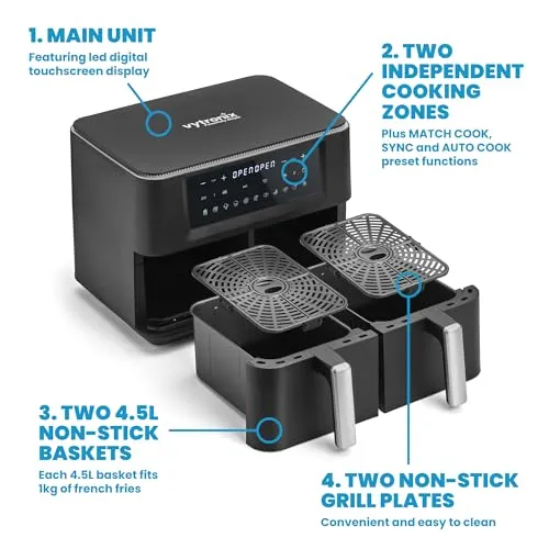 kitchelat DD9L Dual Zone Air Fryer 2 Drawer 9L  Efficient 2400W lthy Oil Free & Low-Fat Cooking