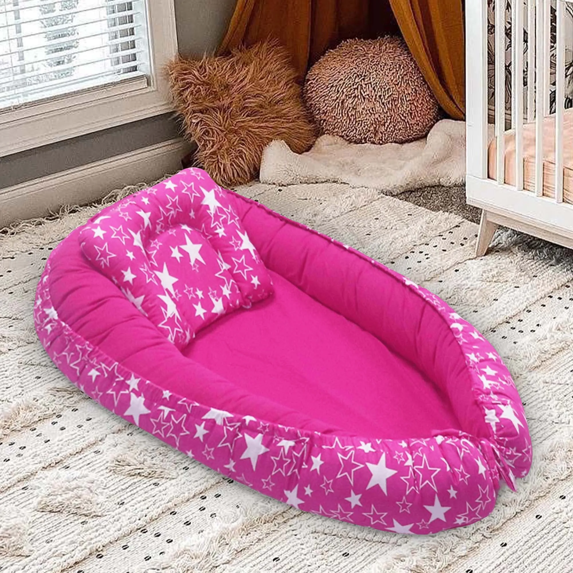 Kradyl Kroft Baby Boat Bed for Babies & Infants | Portable Baby Bedding Set with Pillow | Removable Covers | Double Side Baby Sleeping Bed | Baby Sleeping Pod (Pink Star)