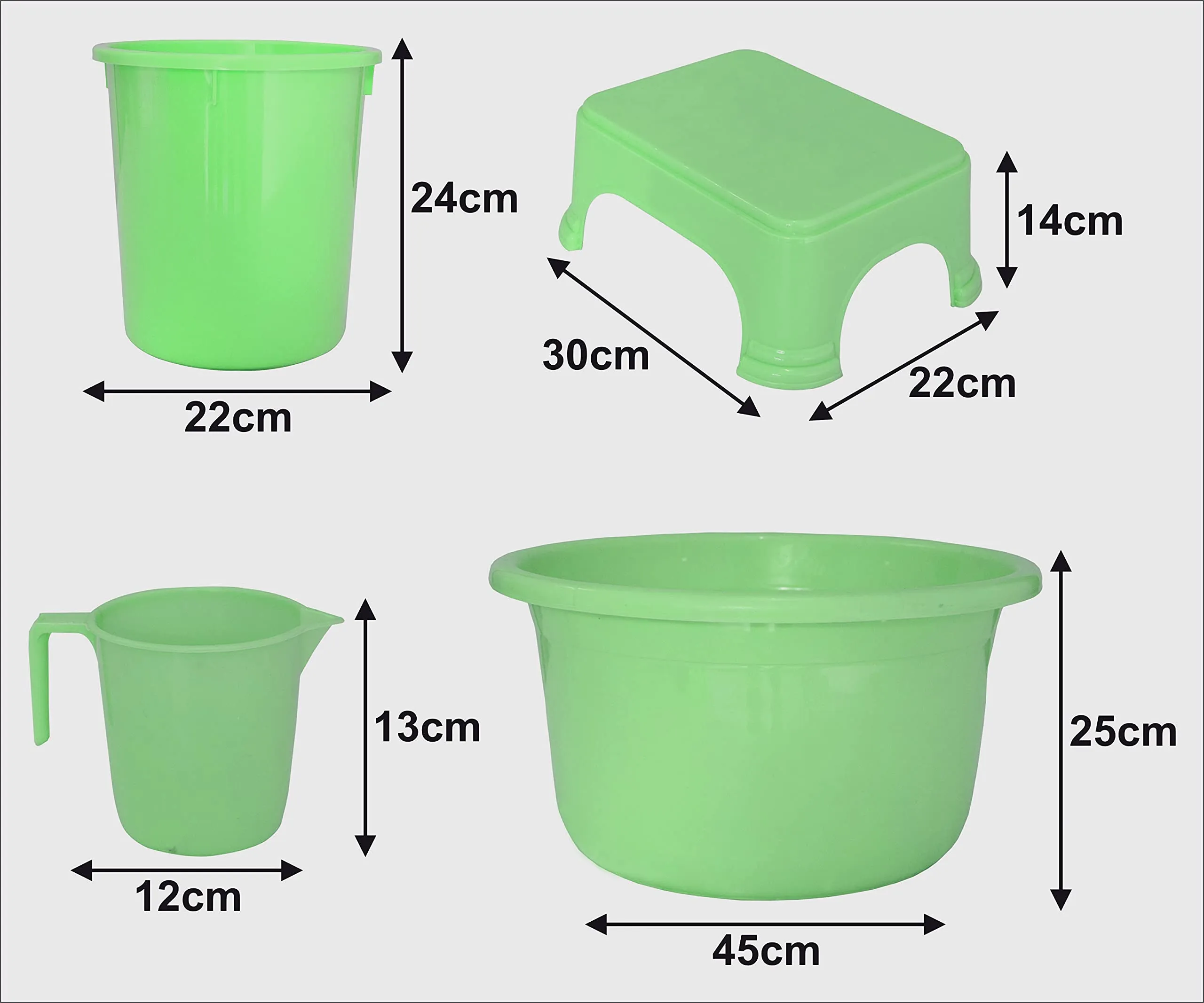 Kuber Industries 4 Pieces Plastic Mug, Stool, Dustbin & Tub Set (Green)