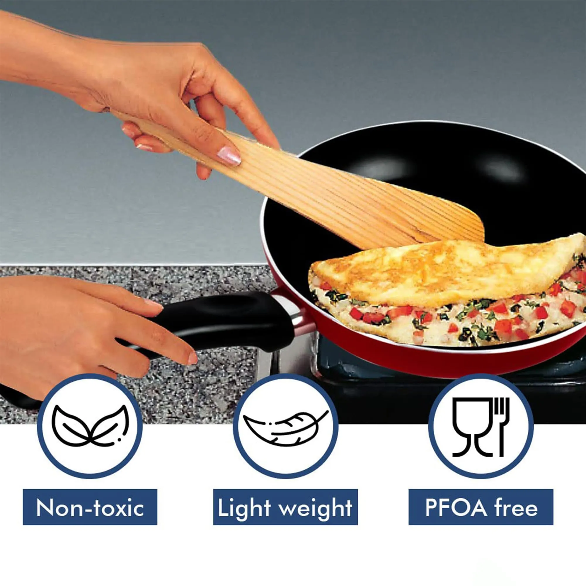 Kuber Industries Non-Stick Aluminum Frying Pan with Handle | Lightweight Induction Pan for Omelettes & Fish Cooking & Tadka | Scratch Resistent, Gas & Induction Compatible | Red & Black