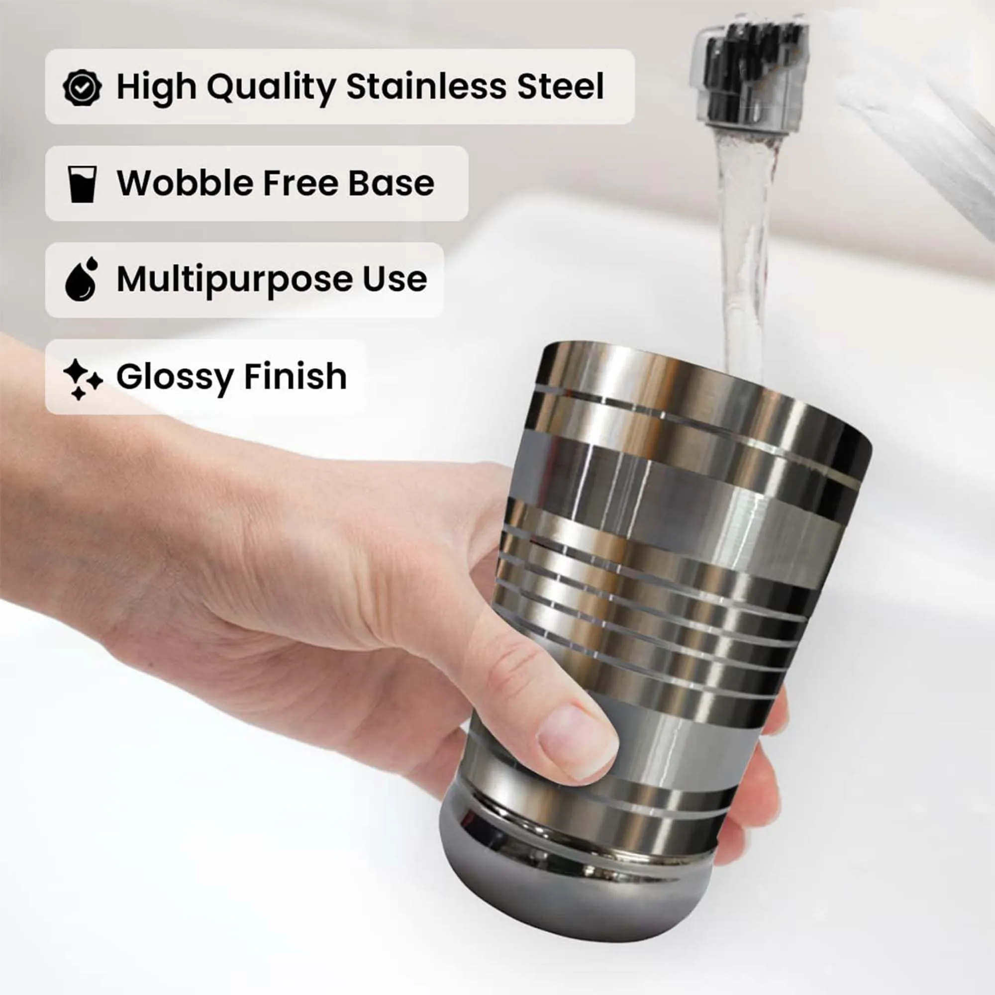 Kuber Industries Stainless Steel Glass Set of 6 for Water, Juice, Milk & Lassi | Wobble Free Base Steel Glasses for Home & Kitchen | Pani Ke Glass - 300ml Each | (K2)-World Cup-Silver