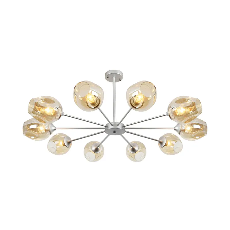 Modern 10-Bulb Silver Cup Pendant Chandelier with Amber Glass Shade