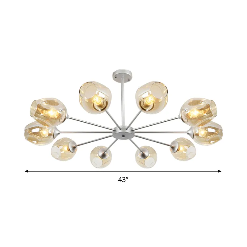 Modern 10-Bulb Silver Cup Pendant Chandelier with Amber Glass Shade