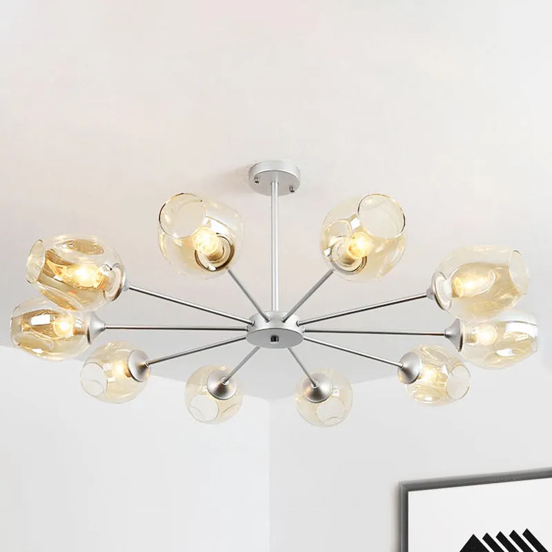 Modern 10-Bulb Silver Cup Pendant Chandelier with Amber Glass Shade