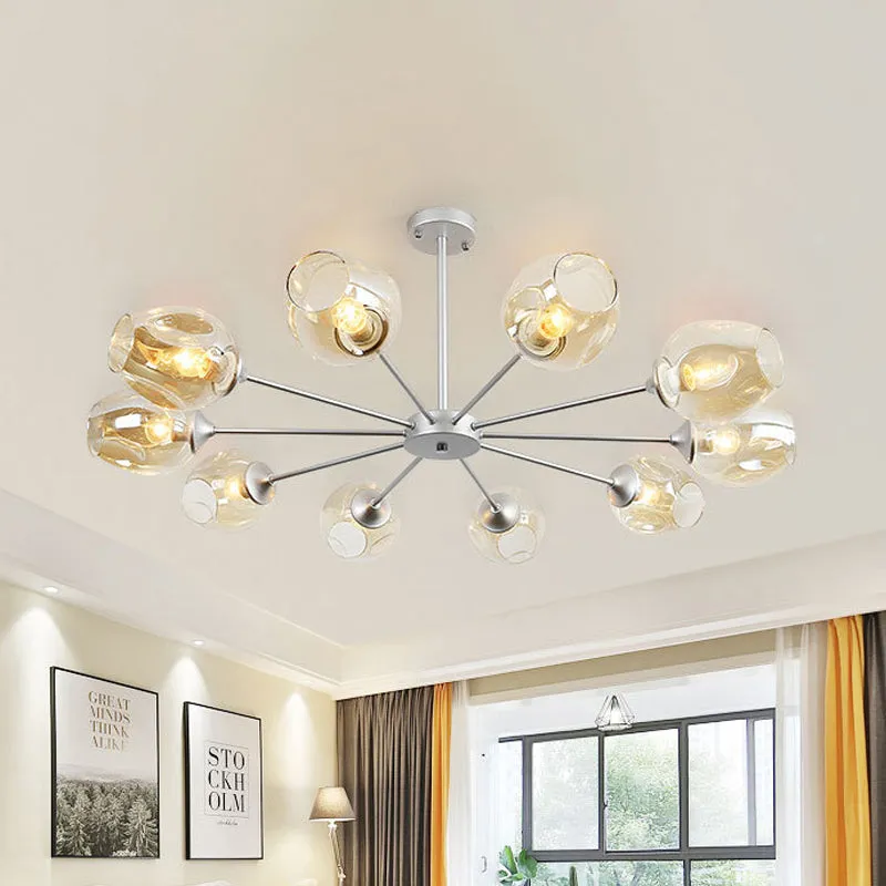 Modern 10-Bulb Silver Cup Pendant Chandelier with Amber Glass Shade