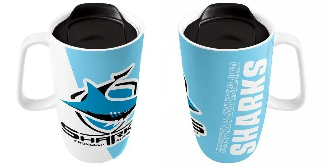 NRL Ceramic Travel Coffee Mug - Cronulla Sharks - Drink Cup With Lid