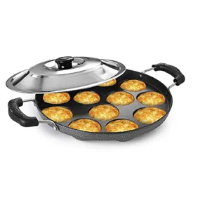 PANCA Appam Pan with Lid Appam Maker 12 Cavity Appam Chatty Appam Pan Aluminium, Appam Kadai Non Stick with Lid, Grey