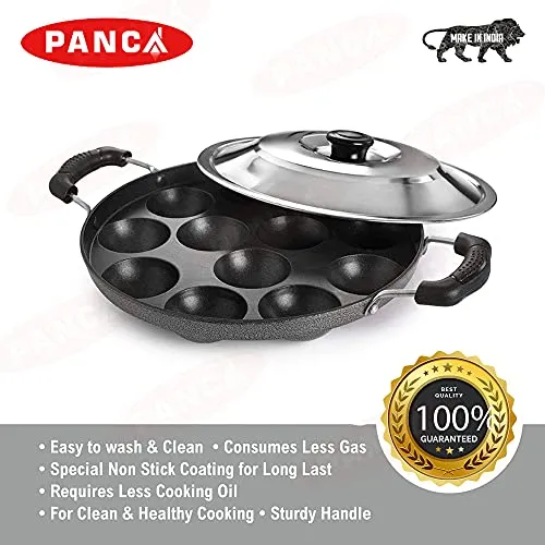 PANCA Appam Pan with Lid Appam Maker 12 Cavity Appam Chatty Appam Pan Aluminium, Appam Kadai Non Stick with Lid, Grey