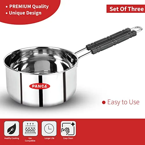 Panca Stainless Steel Sauce Pan Set of 3 Sauce Pan Milk Pan Tapeli Patila Induction Base 2 Litre,1.5 Litre, 1 Litre Milk Boiler Cookware with Handle