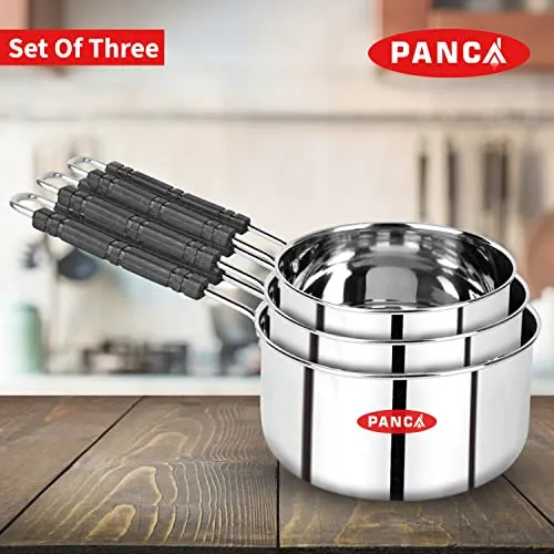 Panca Stainless Steel Sauce Pan Set of 3 Sauce Pan Milk Pan Tapeli Patila Induction Base 2 Litre,1.5 Litre, 1 Litre Milk Boiler Cookware with Handle