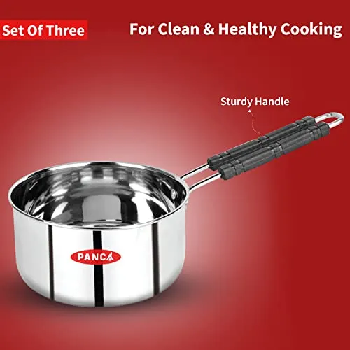 Panca Stainless Steel Sauce Pan Set of 3 Sauce Pan Milk Pan Tapeli Patila Induction Base 2 Litre,1.5 Litre, 1 Litre Milk Boiler Cookware with Handle