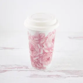 Pink and White China Travel Coffee Mug Insulated Hand Painted Porcelain Roses