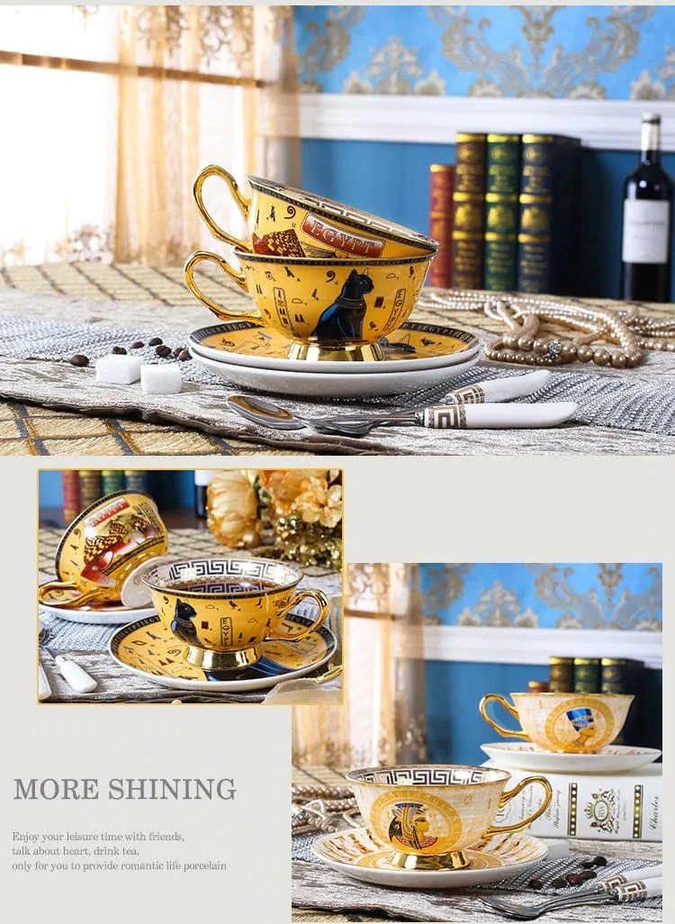 Porcelain Coffee or Tea Cup Gold Plated Legends of Egypt with Saucer and Spoon 24 Karat Gold Plated