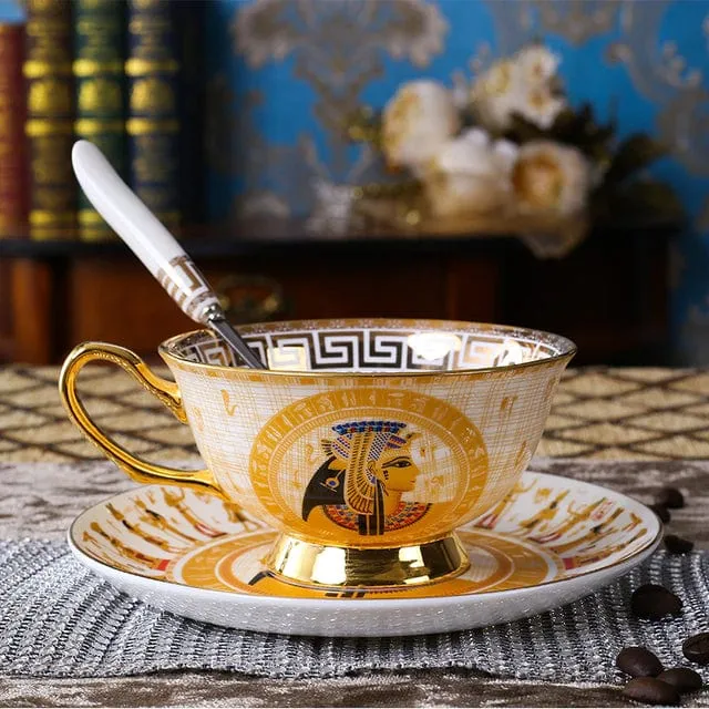 Porcelain Coffee or Tea Cup Gold Plated Legends of Egypt with Saucer and Spoon 24 Karat Gold Plated