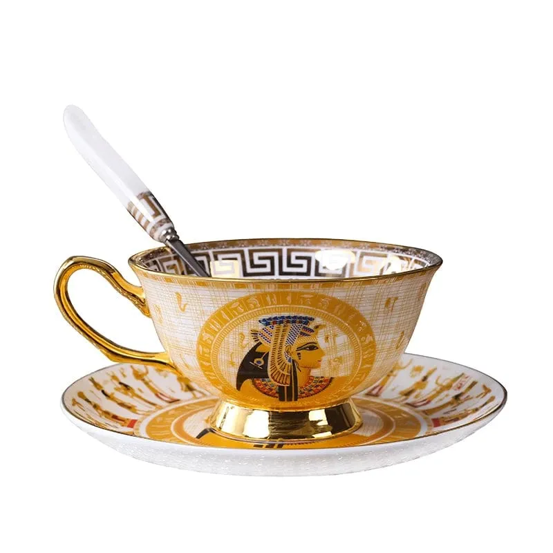 Porcelain Coffee or Tea Cup Gold Plated Legends of Egypt with Saucer and Spoon 24 Karat Gold Plated