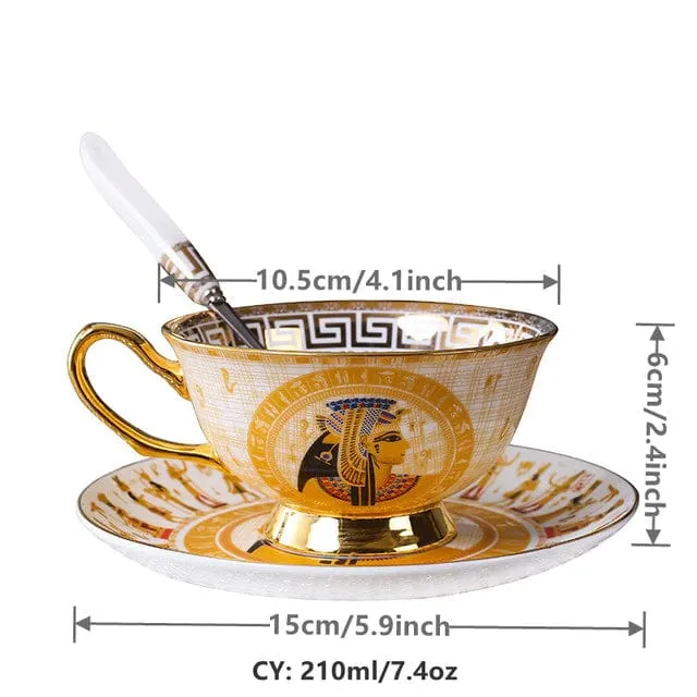 Porcelain Coffee or Tea Cup Gold Plated Legends of Egypt with Saucer and Spoon 24 Karat Gold Plated