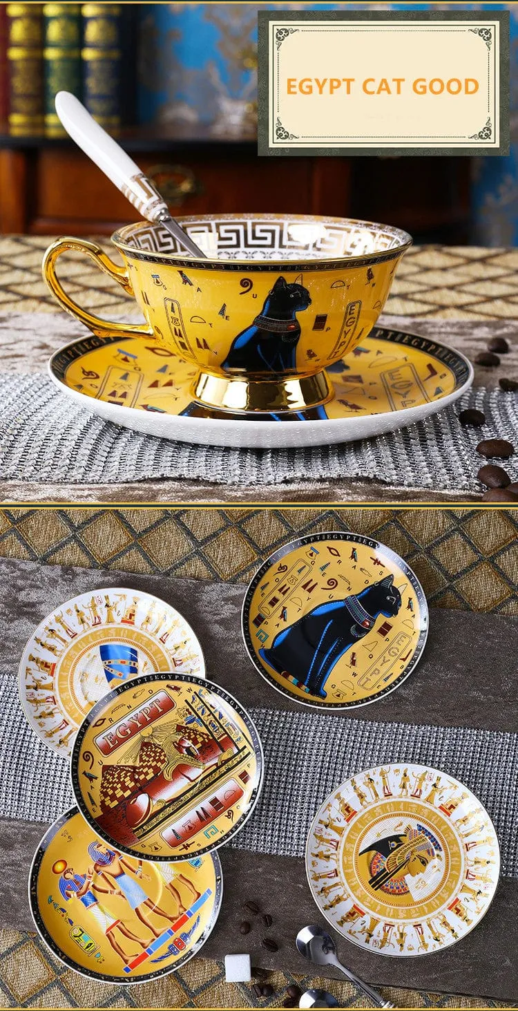 Porcelain Coffee or Tea Cup Gold Plated Legends of Egypt with Saucer and Spoon 24 Karat Gold Plated