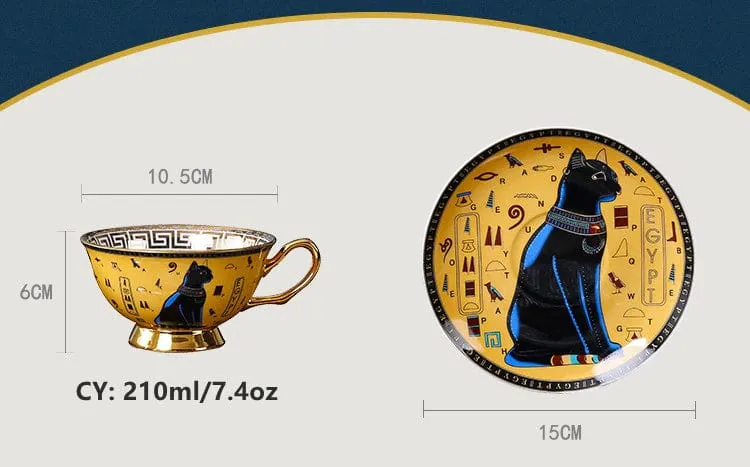 Porcelain Coffee or Tea Cup Gold Plated Legends of Egypt with Saucer and Spoon 24 Karat Gold Plated