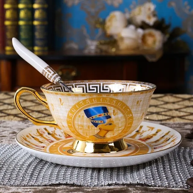 Porcelain Coffee or Tea Cup Gold Plated Legends of Egypt with Saucer and Spoon 24 Karat Gold Plated