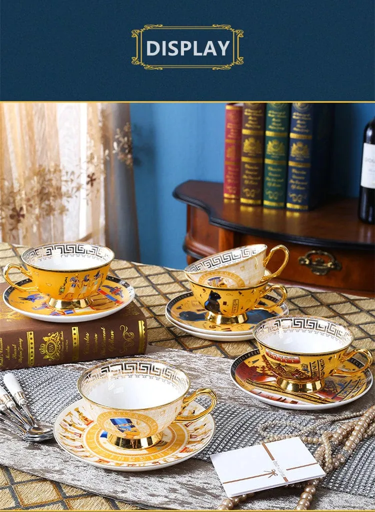 Porcelain Coffee or Tea Cup Gold Plated Legends of Egypt with Saucer and Spoon 24 Karat Gold Plated