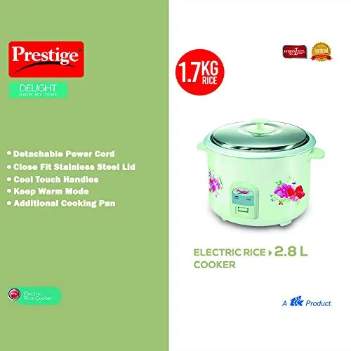 Prestige PRWO 2.8-2 Electric Rice Cooker 2.8L with Close Fit Lid|White|Raw capacity-1.7 liters|Cooked capacity-2.8 liters|Cooks for a large family