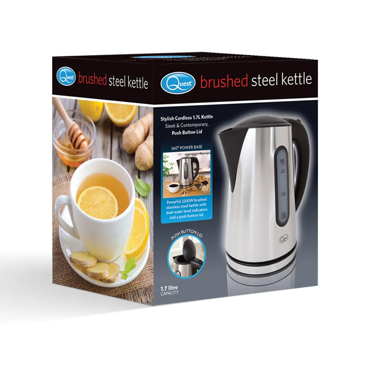 Quest 35340 Brushed Stainless Steel Cordless Jug Kettle, 1.7 Litre, 2200 W, 1.7 liters