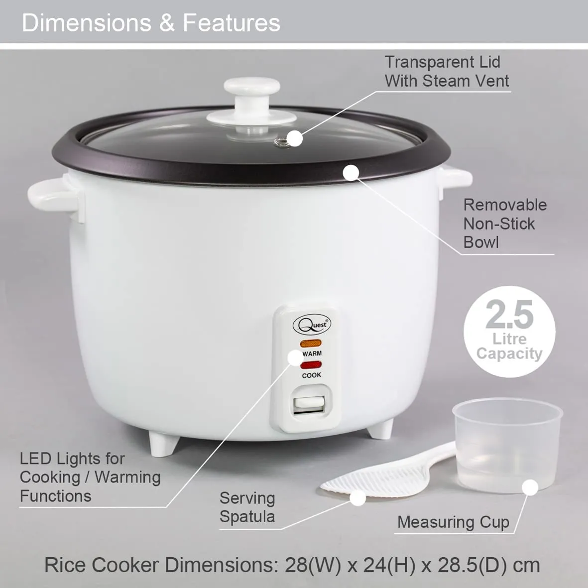 Quest 35450 2.5L Rice Cooker / Non-Stick Removable Bowl / Keep Warm Functionality / 900W / Includes Measuring Cup & Spatula