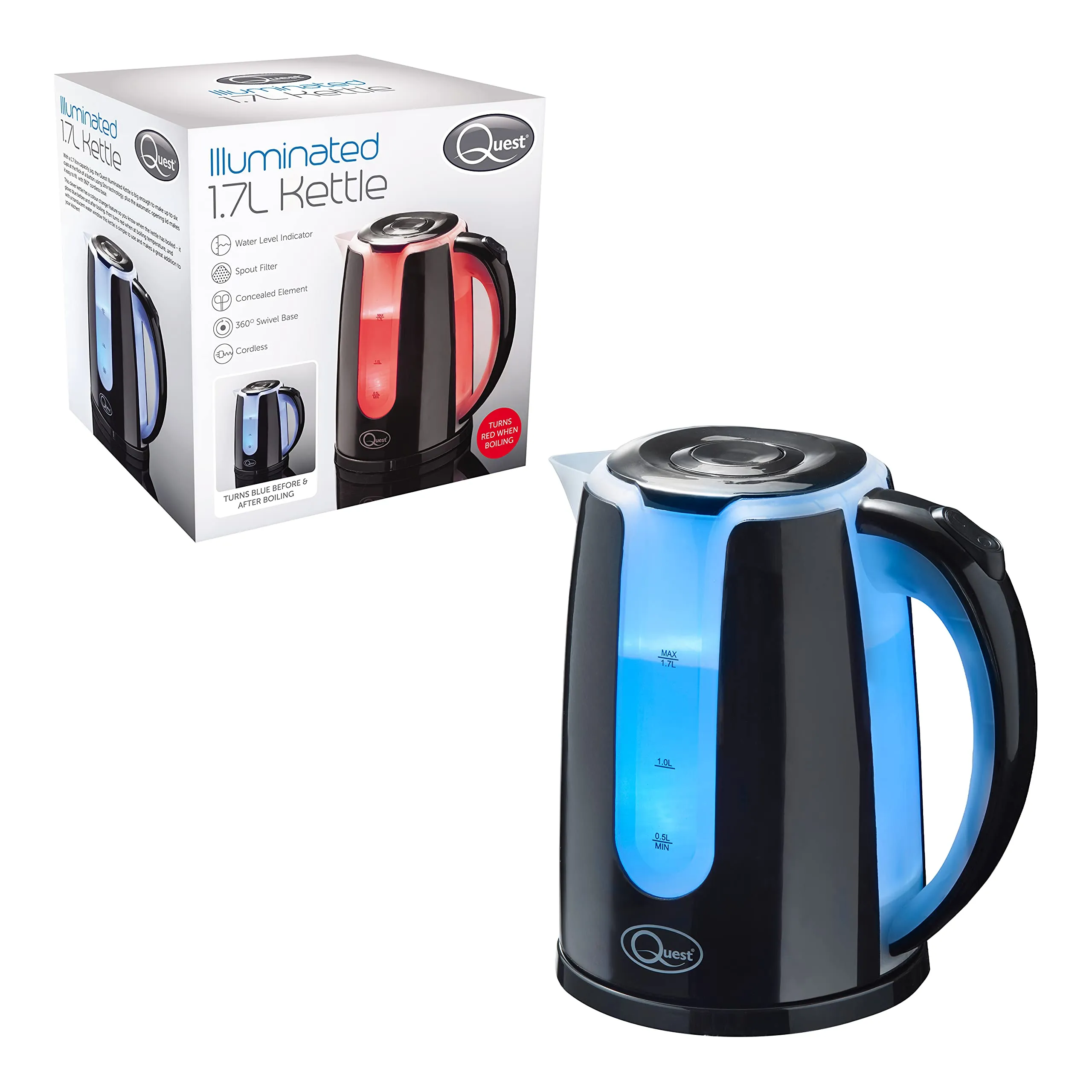 Quest 35929 Cordless 2 Colour LED Light Up Kettle / 1.7 Litre Capacity / 360° Swivel Base/Pop-Up Lid Opening/Boil-Dry Protection