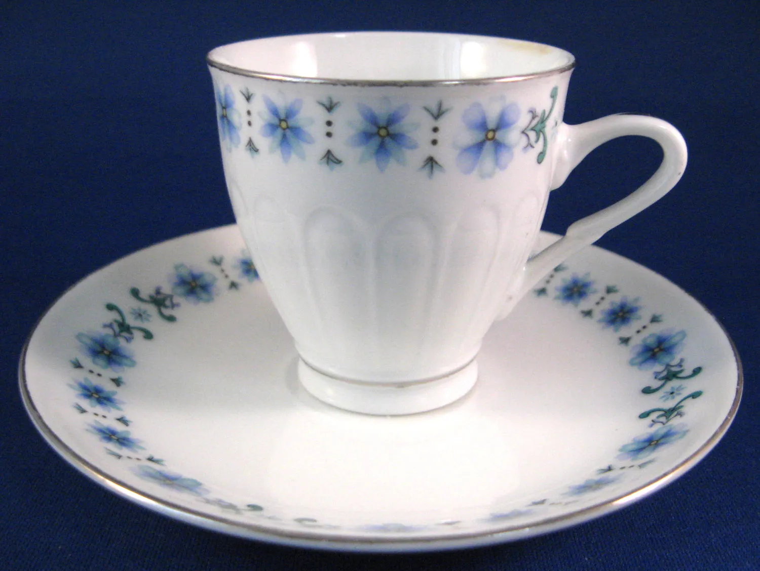 Retro Floral Cup And Saucer Demi Blue Flowers Platinum Trim China 1960s Mid Century