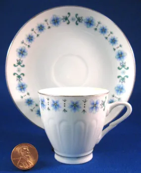 Retro Floral Cup And Saucer Demi Blue Flowers Platinum Trim China 1960s Mid Century