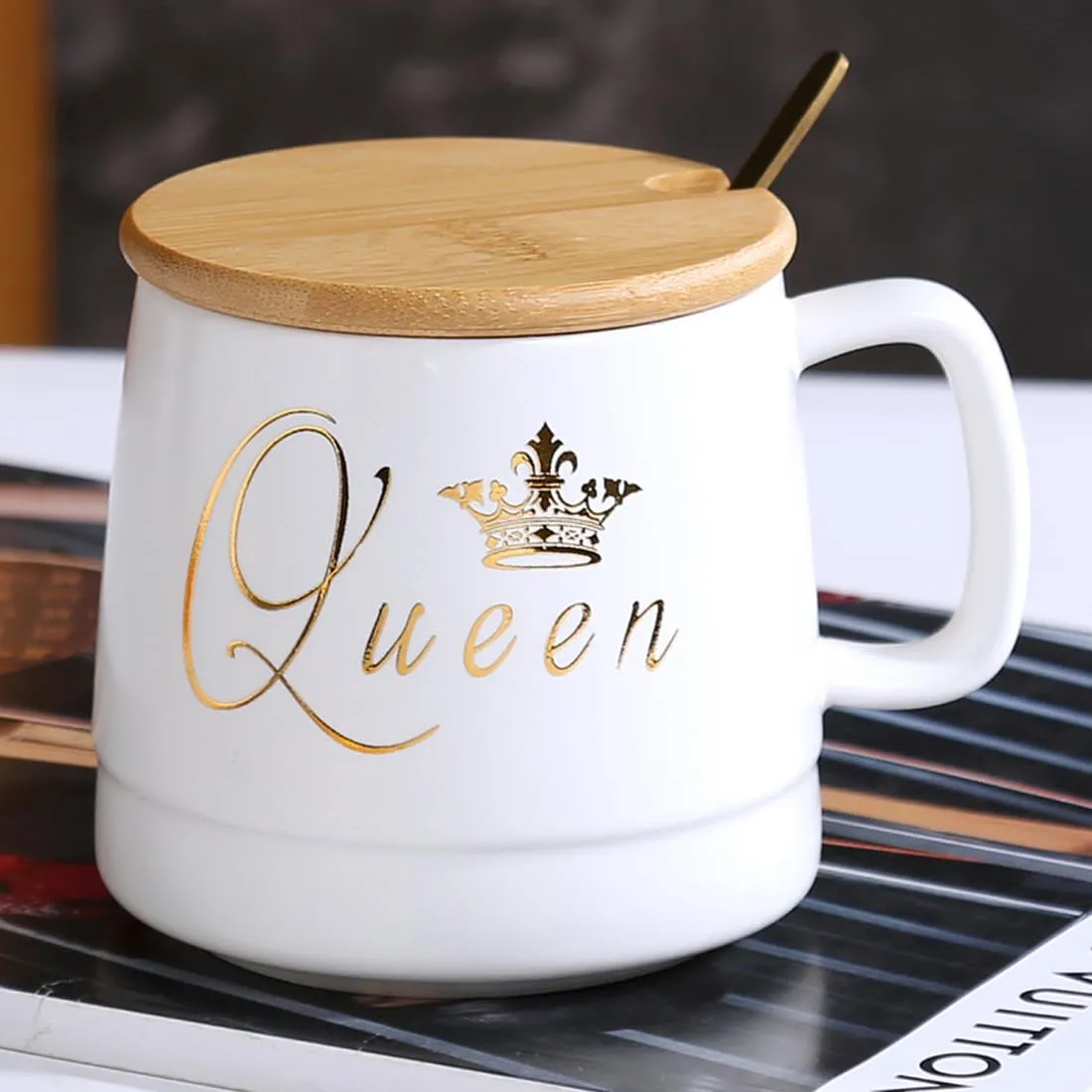 ROYAL TEA & COFFEE MUG WITH WOOD LID & SPOON 450ML - PACK OF 2