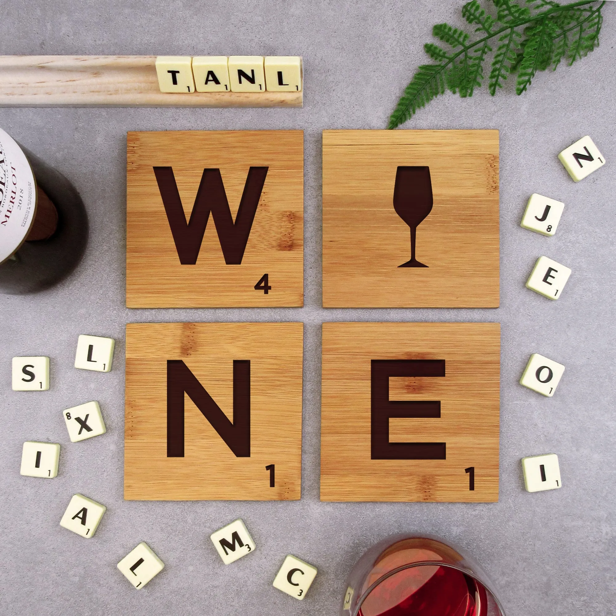 Set of 4 Bamboo "WINE" Scrabble Letter Tile Alphabet Drinks Coasters