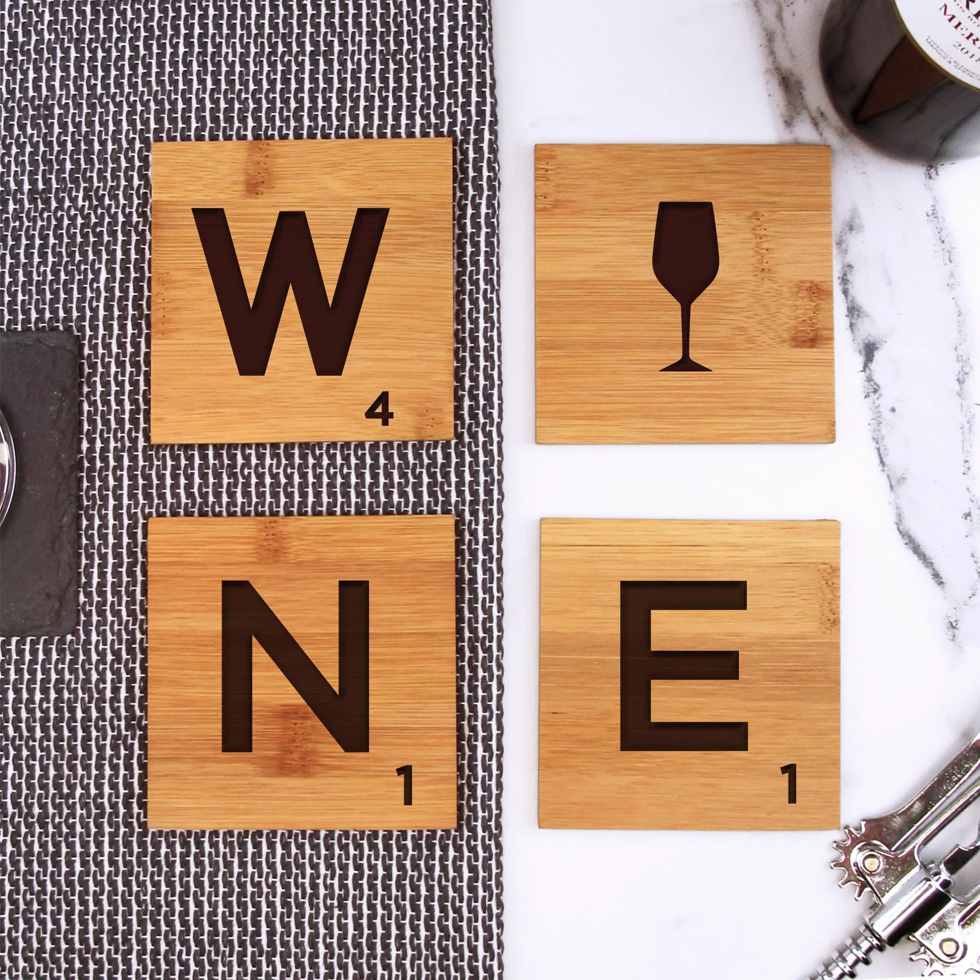 Set of 4 Bamboo "WINE" Scrabble Letter Tile Alphabet Drinks Coasters