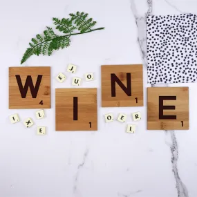 Set of 4 Bamboo "WINE" Scrabble Letter Tile Alphabet Drinks Coasters